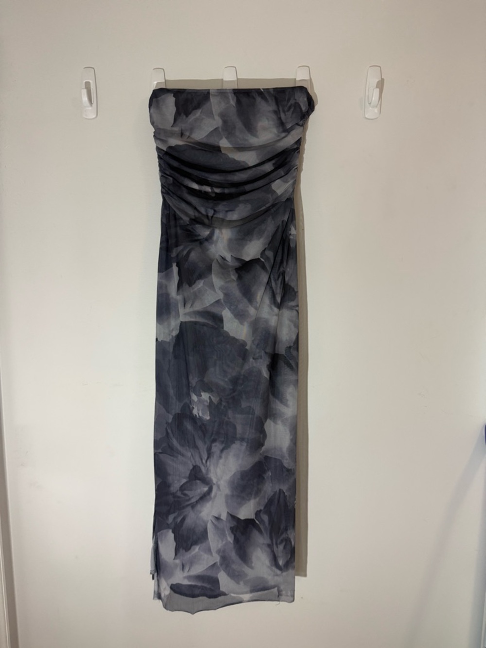 Strapless Gray Floral Maxi Dress